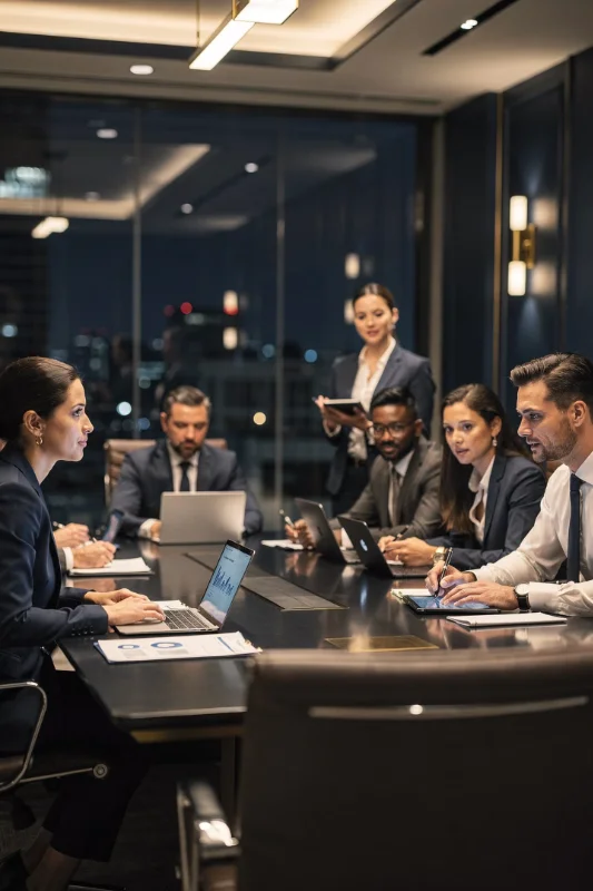Group of business people around a boardroom table with laptops and tablets deep in discussion
