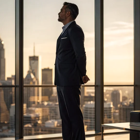 Business Man overlooking the city skyline deep in thought