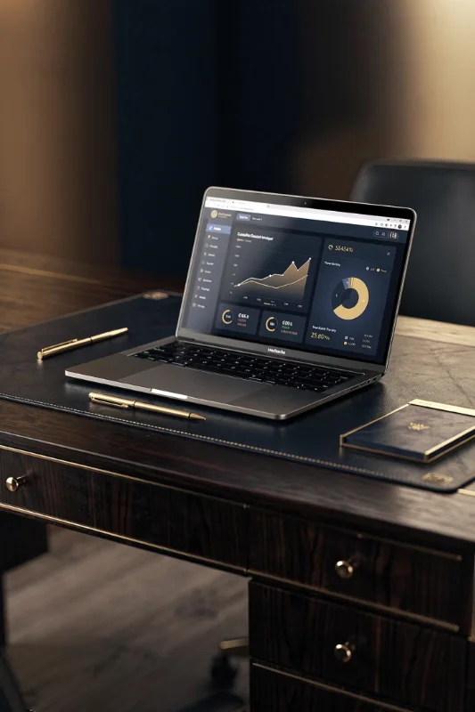 Laptop on a desk showing business growth graphs