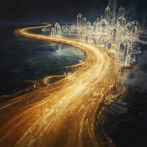A golden fast digital road going through a virtual city with silhouette buildings