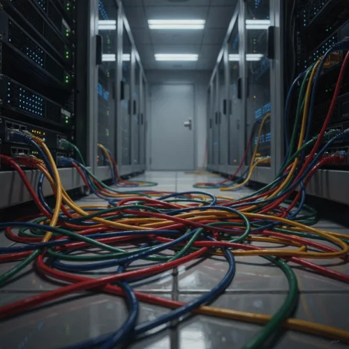 A tangled mess of data cables from from racks in a comms room