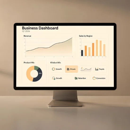 Computer monitor with a small dashboard on illustrating business growth 