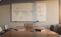 White board in a boardroom that appears to have s process map drawn out. 