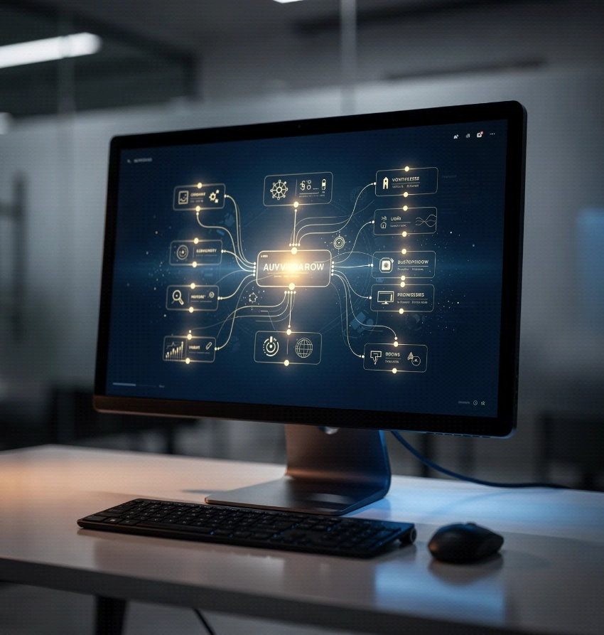 Desktop monitor displaying interconnected digital dashboard interface