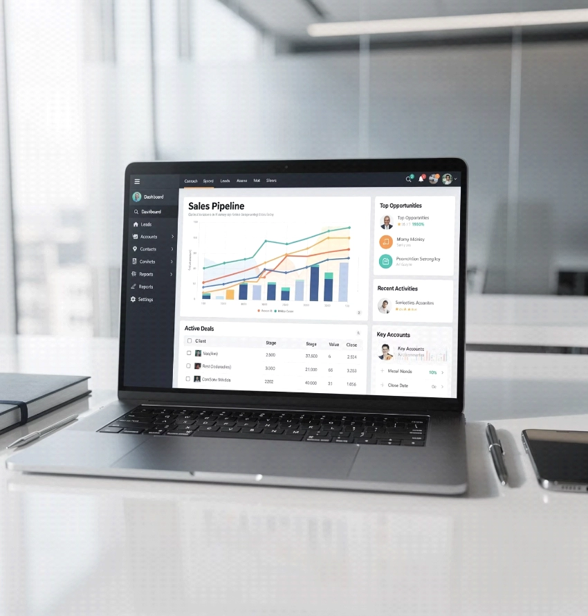 Laptop displaying sales pipeline dashboard on desk