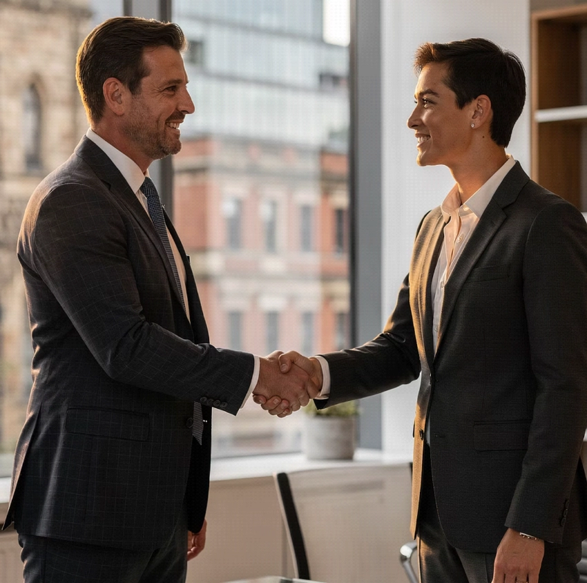 Two business professionals shaking hands in office