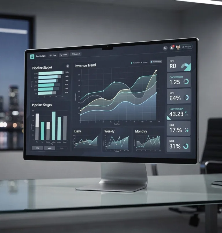 Computer monitor displaying business analytics dashboard in office