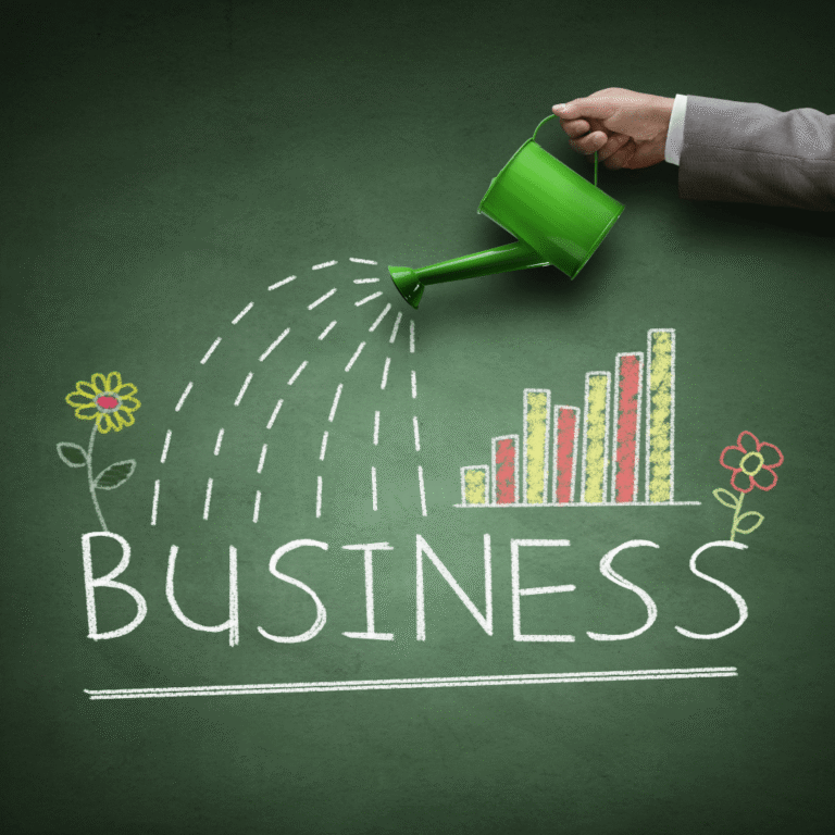 Definition of business growth. Watering can nurturing business growth chart illustration